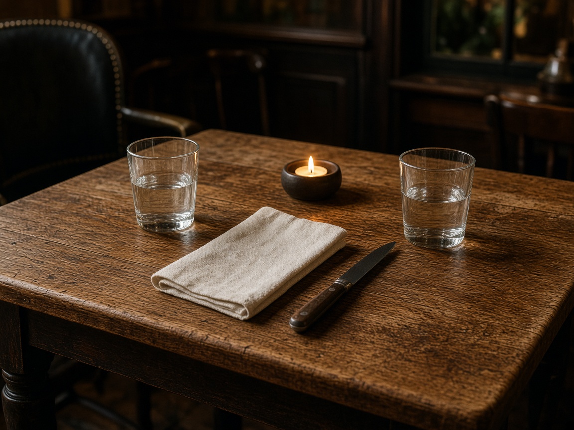 A pub table laid with plates, glasses, and a candle.
